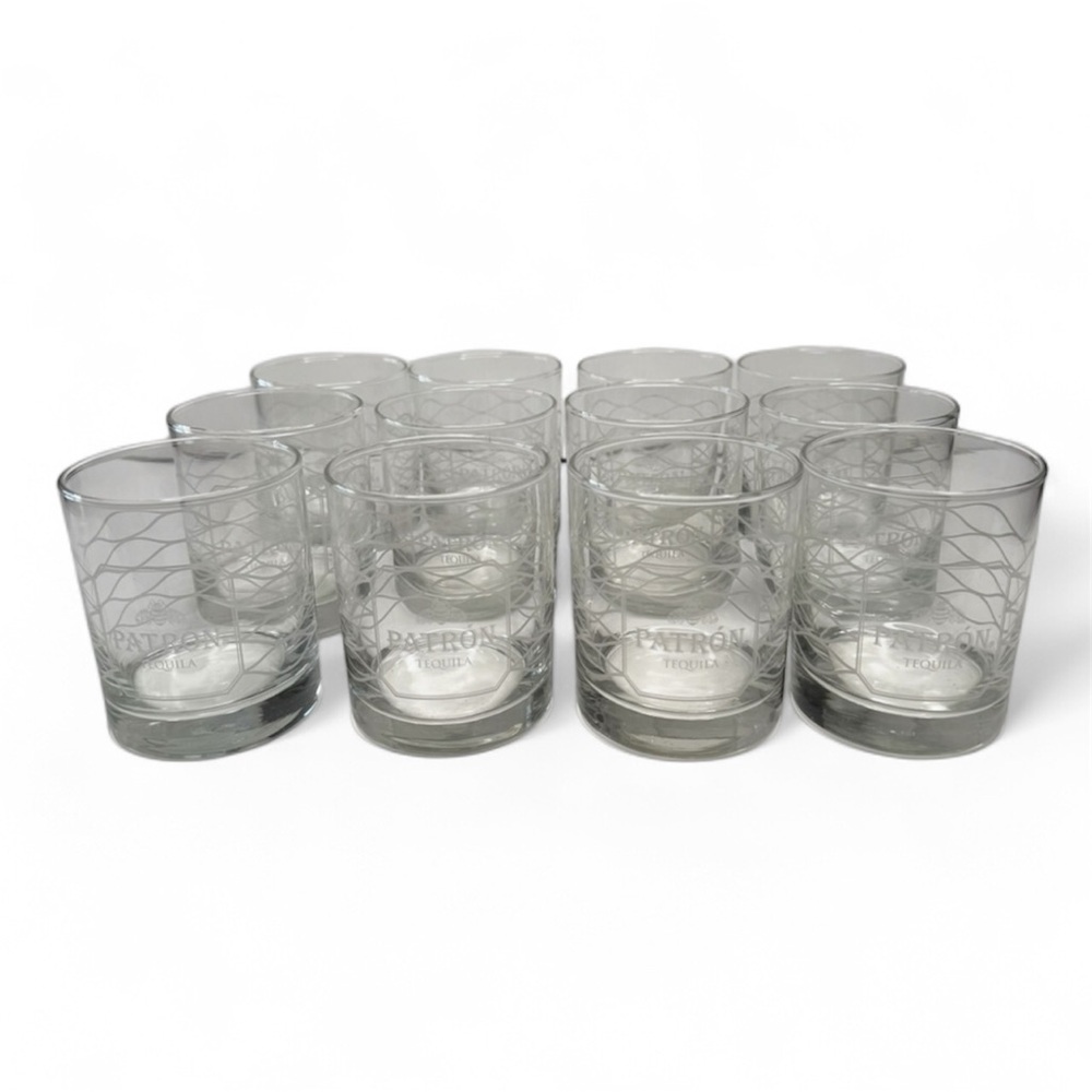 Set Of 12 Patron Tequila Lowball 8oz. Collin Glass Cups Limited Edition Barware